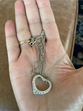 Large Sterling Silver 925 Open Rhinestone Floating Heart Pendant Rope Necklace